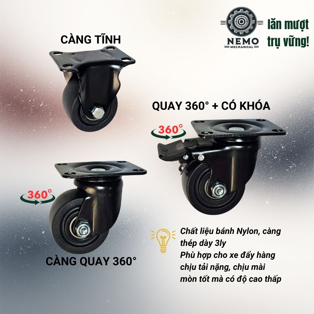 Bánh Xe Nylon Lùn Tải Nặng – Trọng Tâm Thấp, Càng Thép Dày 3mm (D50, D65, D75)